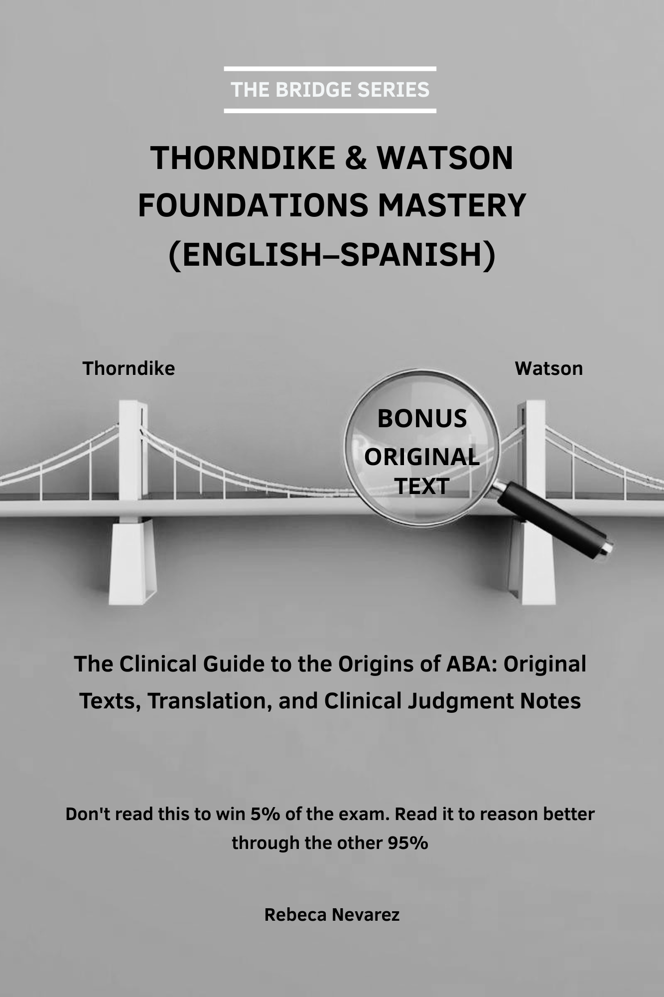 Portada gris de Thorndike & Watson Foundations Mastery con el puente y la lupa sobre el texto original bonus